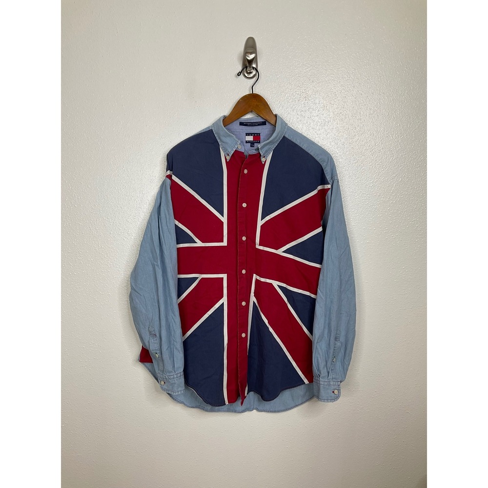 Vintage Tommy Hilfiger Union Jack Flag Denim Shirt Mens Large Blue Red 90s L/G